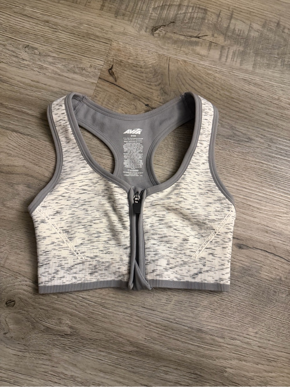AVIA Front-Zip Sports Bra in Heathered Light Gray